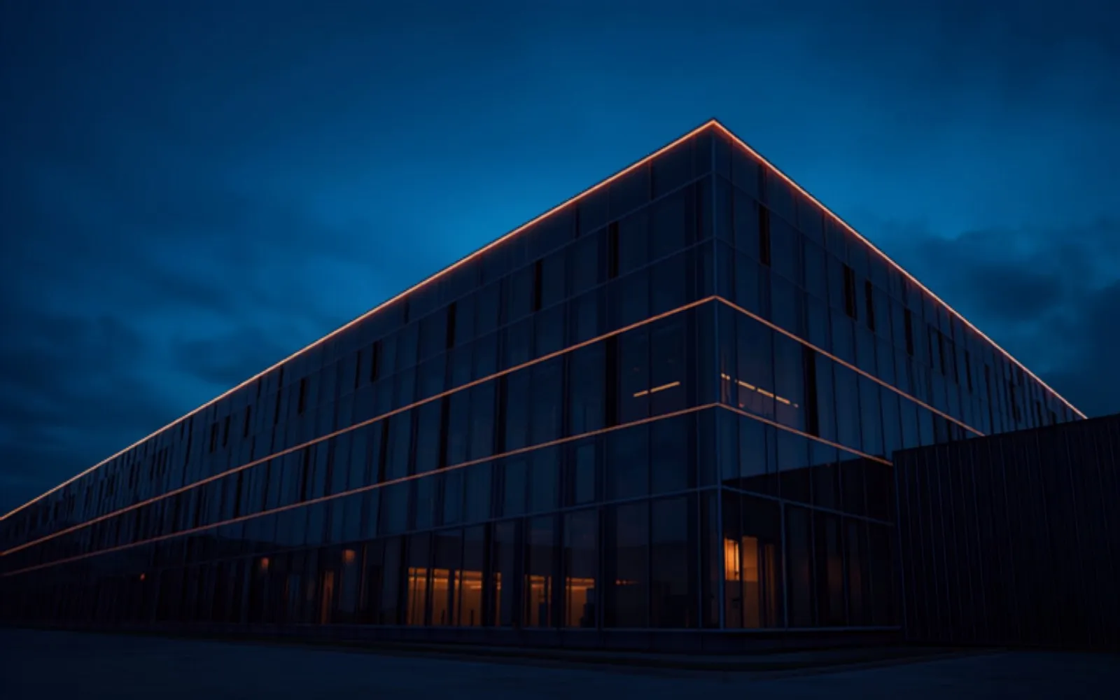 Large-scale data center infrastructure at blue hour